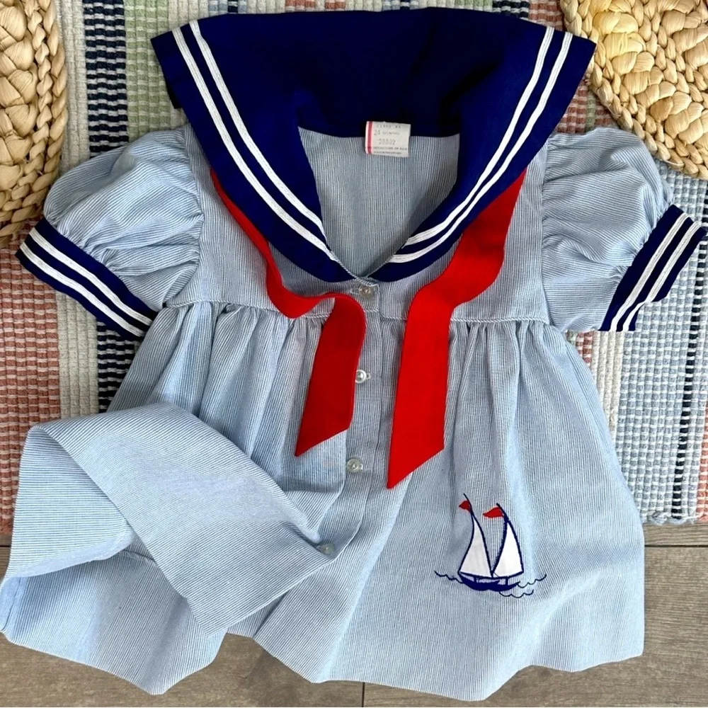 Vintage Nautical Sailor Dress Embroidered Sailboat 24 Months Baby Toddler Girl